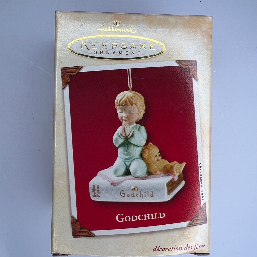 VTG Godchild Ornament Hallmark Keepsake 2002  Porcelain Working Drawer Boy Bear
